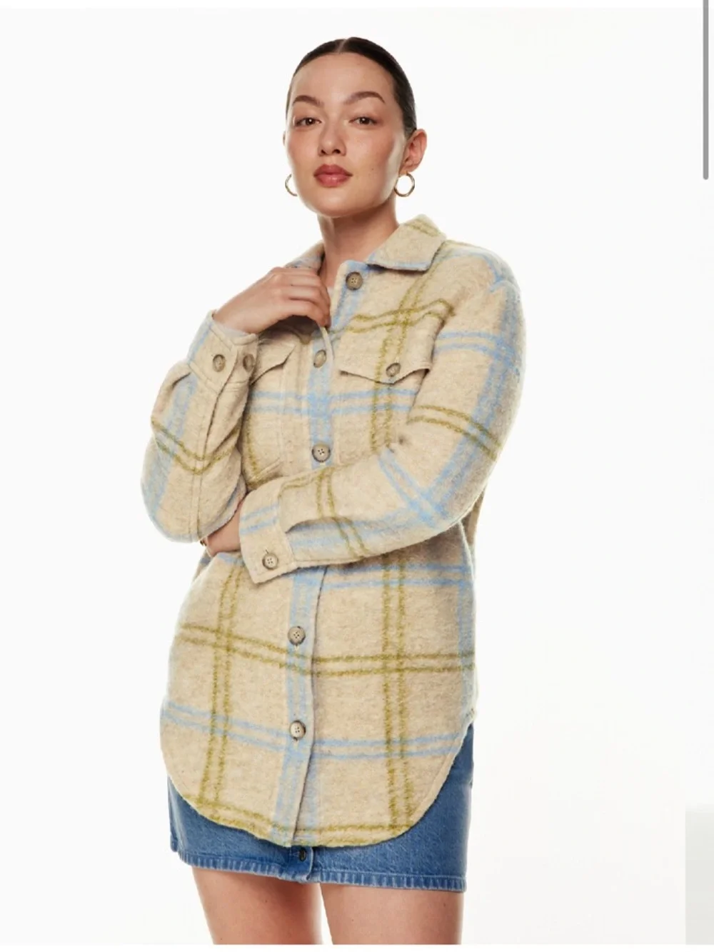 Wilfred Free Ganna Jacket Beige and Light Blue Plaid Shirt Jacket - Picture 2 of 6